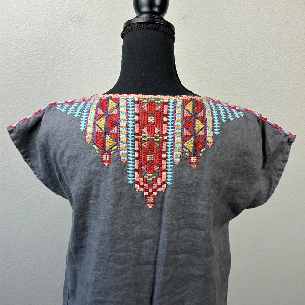 Johnny Was Ezra Shift Dress Gray Linen Embroidered Tribal Motif Mini Tunic S - Picture 9 of 11